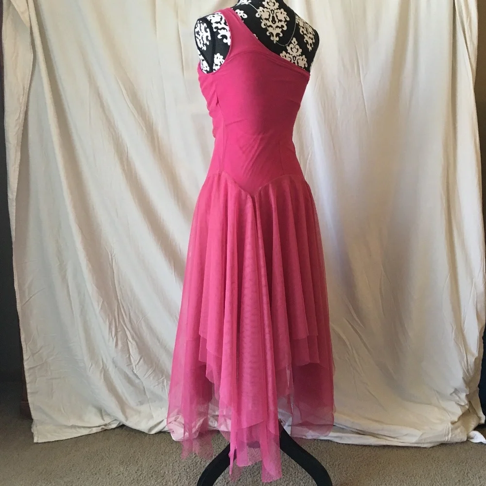 Vintage "Fairy" Asymmetrical Hem Pink Chiffon One Shoulder Midi Dress, XS - Picture 7 of 13